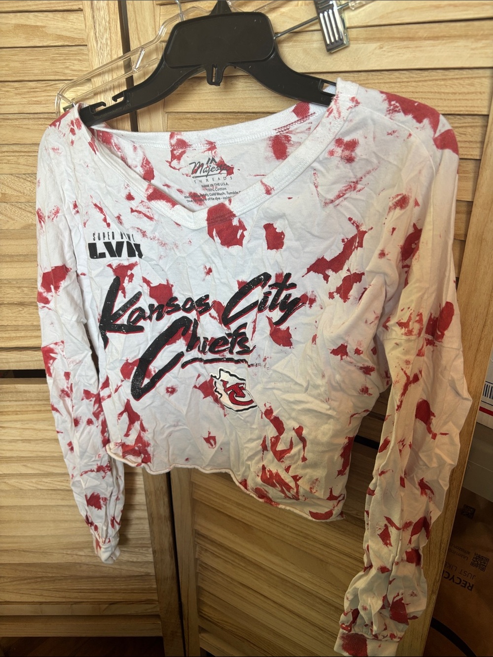 Majestic White and Red Kansas City Chiefs Tie-Dye Long Sleeve  Cropped Tee Small